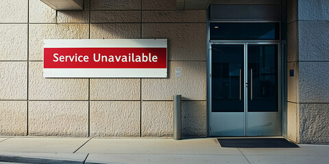A red and white "Service Unavailable" sign on the wall of a modern building, indicating closure of facilities or services.