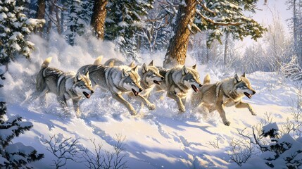 Naklejka premium Wolves Hunting in a Snowy Forest