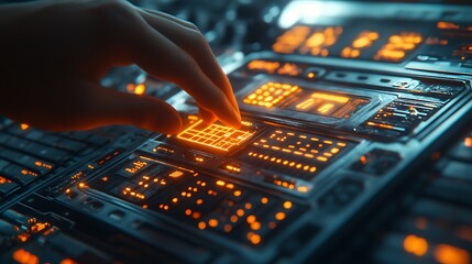 A precise macro shot of a hand operating the control panel of a CNC machine, glowing LED buttons and digital readouts casting a soft light, sleek industrial design visible in the background,