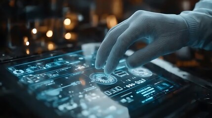 A sharp close-up of a gloved hand tapping on the touch screen of a CNC machine, intricate digital display glowing vividly, modern industrial machinery blurred in the background, cinematic lighting,