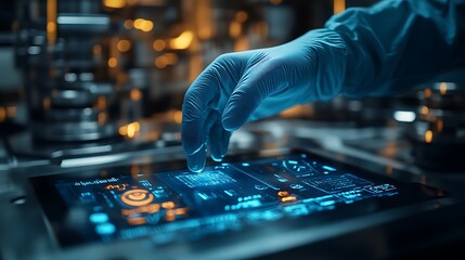 A sharp close-up of a gloved hand tapping on the touch screen of a CNC machine, intricate digital display glowing vividly, modern industrial machinery blurred in the background, cinematic lighting,