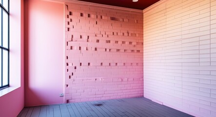 Minimalist interior design, pink ombre wall, hanging string lights, industrial window, wooden floor, modern art installation, abstract wall decor, empty room, serene atmosphere, soft lighting, geometr