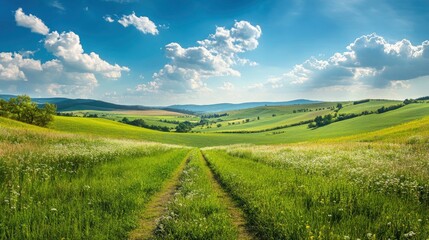 Fototapeta premium Nature Spring Countryside Landscape,Green Field,Cloud,Summer Sky,Natural Horizon rural scene with green meadow and flower on hills in Sunny day,Banner for Eater, Environment day background 