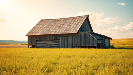 Obraz premium Rustic Country Barn Open Field - Bright Photorealistic AI Art
