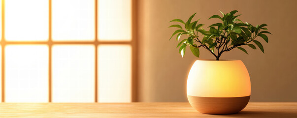 A serene indoor scene featuring a glowing plant in a stylish pot, highlighting natural beauty and warm ambiance.
