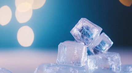 Obraz premium A close-up of clear ice cubes stacked elegantly against a blurred background, capturing the clarity and texture of ice in a cool setting.