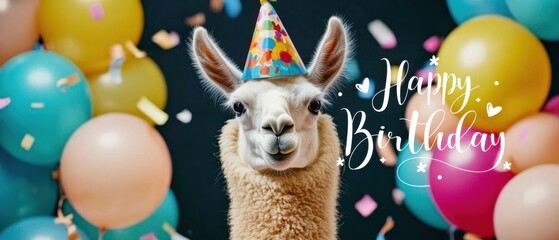 Fototapeta premium Happy Birthday Llama: Festive Animal Portrait with Balloons and Confetti