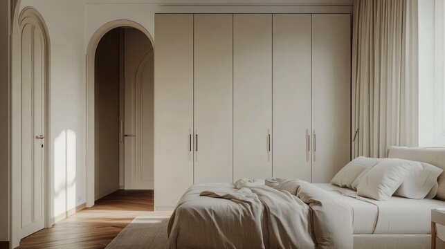 Sunlit minimalist bedroom with built-in wardrobe and arched doorway.