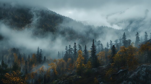 Fog and dark clouds in mountains.