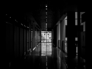 Dark mysterious corridor in building. Light at glass window with reflection on ground between door room perspective on fourth floor in lonely quiet building, black and white. horror landscape concept.