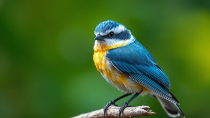 Naklejka premium Snowy-Browed Flycatcher, Yellow Chest, White Brows, AI Photo, Bird on Branch, Nature, Wildlife, Perching, Blue Bird, Feathers, Sharp Focus 