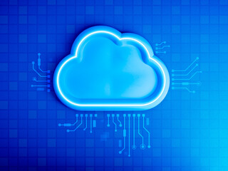 Cloud computing infrastructure technology, software solutions, data system storage service concept. Modern white big empty cloud with digital circuit graphic on blue grid background, minimal style.