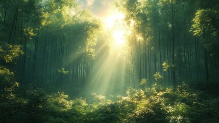 Obraz premium Sunlit green forest path, magical ambiance.