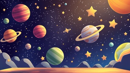 Space Cartoon Planets Bright Stars AI Art Backgrounds