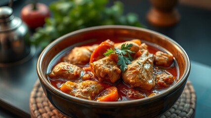 Spicy Chicken Stew Close-Up, Delicious Bowl, Top View, Food Photography