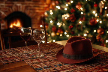 Red Fedora Hat on Holiday Dinner Table