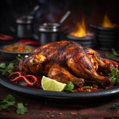 Fototapeta premium Deliciously Roasted Chicken Served with Fresh Herbs and Spices on a Black Plate Surrounded by Ingredients Ready for a Gourmet Feast