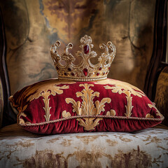 Regal Crown on Red and Gold Pillow for Purim Display
