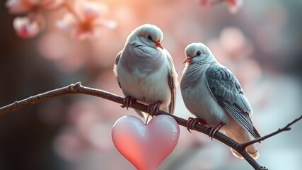 Fototapeta premium Two Doves Heart Romantic Scene AI Art, Love Birds, Couple, Nature, Heart, Soft Focus, Beautiful, Tender, Affectionate, Romantic, 