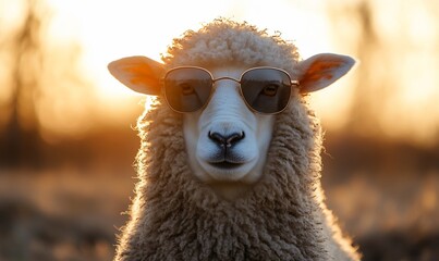 Obraz premium A sheep wearing sunglasses against a sunset backdrop.