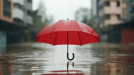 Flood safety rainy umbrella in urban landscape amidst water