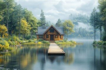 Obraz premium Secluded log cabin, lake, wooden dock.