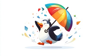 Playful penguin with rainbow umbrella animated scene joyful environment colorful illustration whimsical concept
