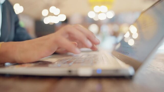A person is typing on a laptop in a cafe. Concept of productivity and focus, as the person is likely working on a project or task. The cafe setting suggests a relaxed atmosphere