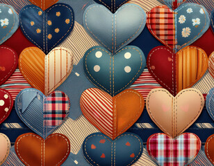 Fototapeta premium Patchwork Hearts and Stripes Seamless Pattern