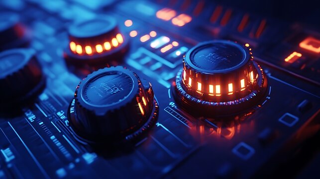 Extreme macro shot of a textured dial being turned on a digital control panel, glowing LEDs and smooth metal reflecting workshop lights, sharp focus on precision details,