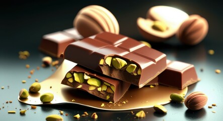 Dark chocolate bars, pistachio nuts, macro photography, soft lighting, rustic wooden surface, food styling, rich textures, warm tones, shallow depth of field, gourmet confectionery, artisanal chocolat