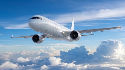 Obraz premium Commercial Passenger Airplane Flying Above the Clouds in Blue Sky