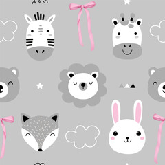 Seamless childish pattern with cute animal faces with pink ribbon bow for  children textile, fabric, wrapping, textile, wallpaper, apparel. Vector illustration	