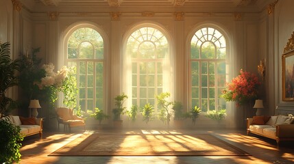 Obraz premium Sunlight streams into a grand room. Concept of luxury, elegance, and tranquility.