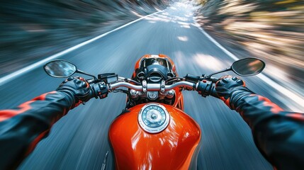 Obraz premium Adrenaline Rush: A First-Person View of a High-Speed Motorcycle Ride Through a Winding Road