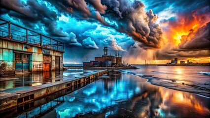 Abstract urban photography captures a stormy sky mirrored in a blue, almost surreal, backdrop.