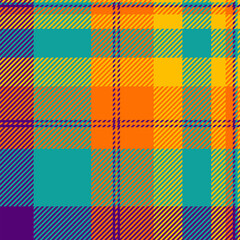 Customer background pattern seamless, glamor textile plaid check. Grungy fabric tartan texture vector in teal and bright colors.