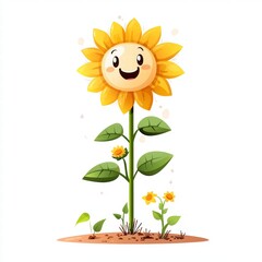 Cheerful cartoon sunflower character in a garden nature illustration bright environment whimsical viewpoint