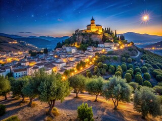 Obraz premium Andalusian night: Montefrio's starlit sky blankets olive groves, a captivating panorama.