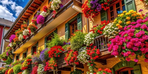 Fototapeta premium Architectural wallpaper featuring a vibrant floral explosion on a colorful building backdrop.