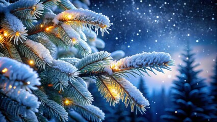 A snowy wonderland:  beautiful white spruce boughs, captured in cold night photography, perfect for festive backgrounds.