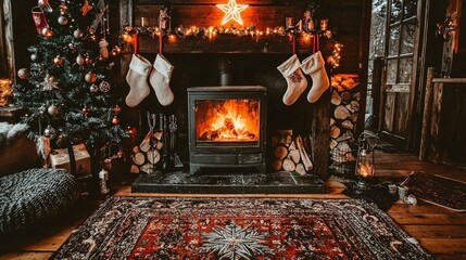 Cozy Christmas Cabin Interior with Fireplace and Decorated Tree