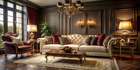 Elegant Burgundy & Cream Living Room - Dark Walls, Urban Exploration Interior Design