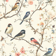 Obraz premium Elegant Birds Blossom Spring Floral Watercolor Painting Seamless Pattern