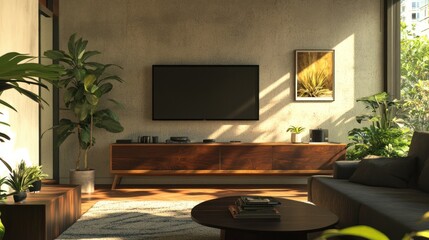 Modern living room with TV, plants, and wooden furniture.