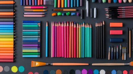 Colorful Art Supplies Displayed on Dark Surface Featuring Crayons, Markers, Paints, Colored Pencils, Brushes, and Other Creative Tools for Artistic Endeavors