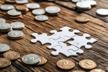 piece of blank jigsaw puzzle and coins on wooden table 