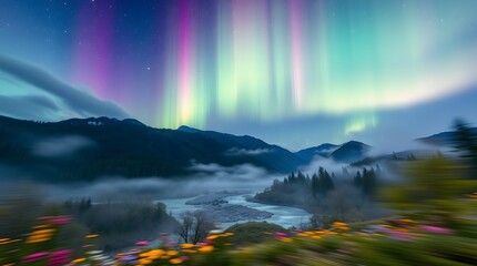 Naklejka premium Spring Forest Mountain River Nebula Starry Night Flowers