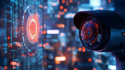 Futuristic security camera with digital interface.