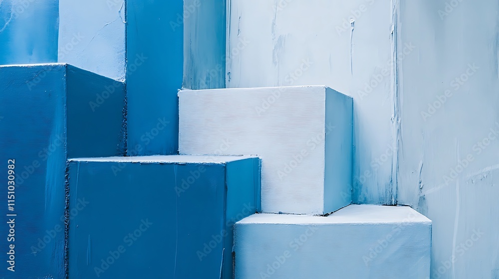 Poster blue and white abstract cube shapes.